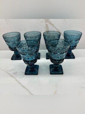 6 Vintage Colony Pressed Glass "Park Lane" Wine Goblets in Blue Teal
